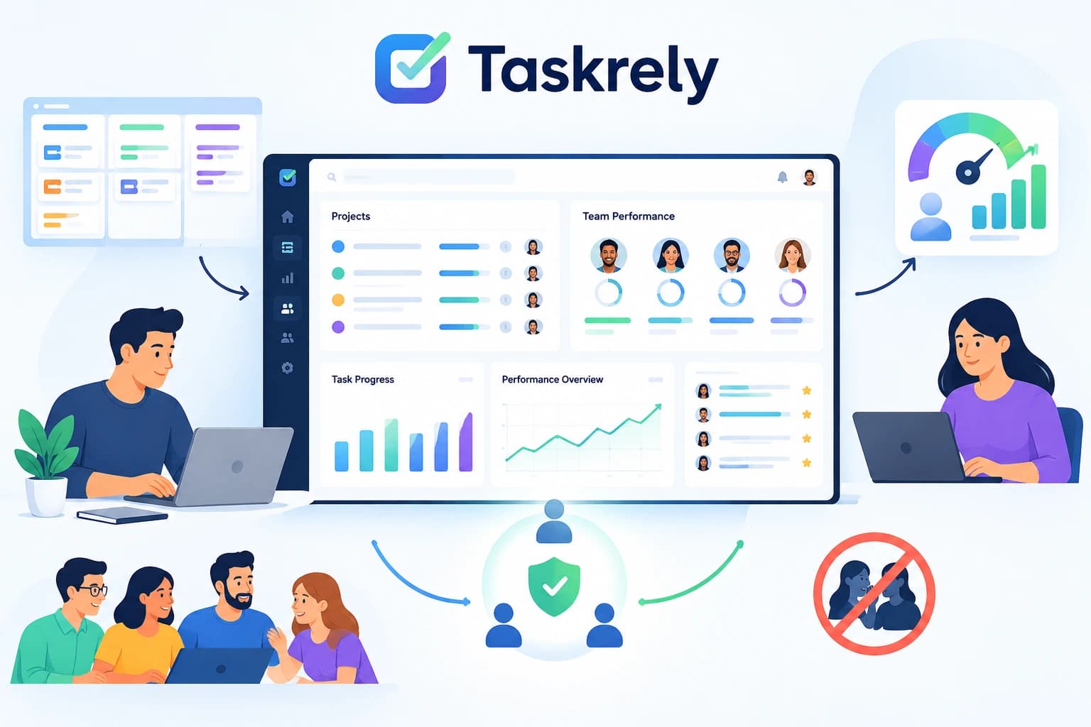 Illustration of TaskRely's planned team performance dashboard replacing office politics with clear numbers