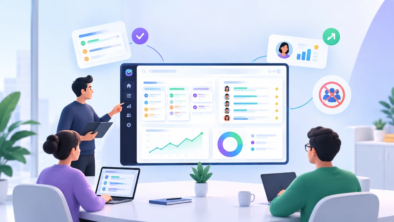 A team reviewing a TaskRely dashboard that combines project tasks with a team performance overview, with office politics crossed out